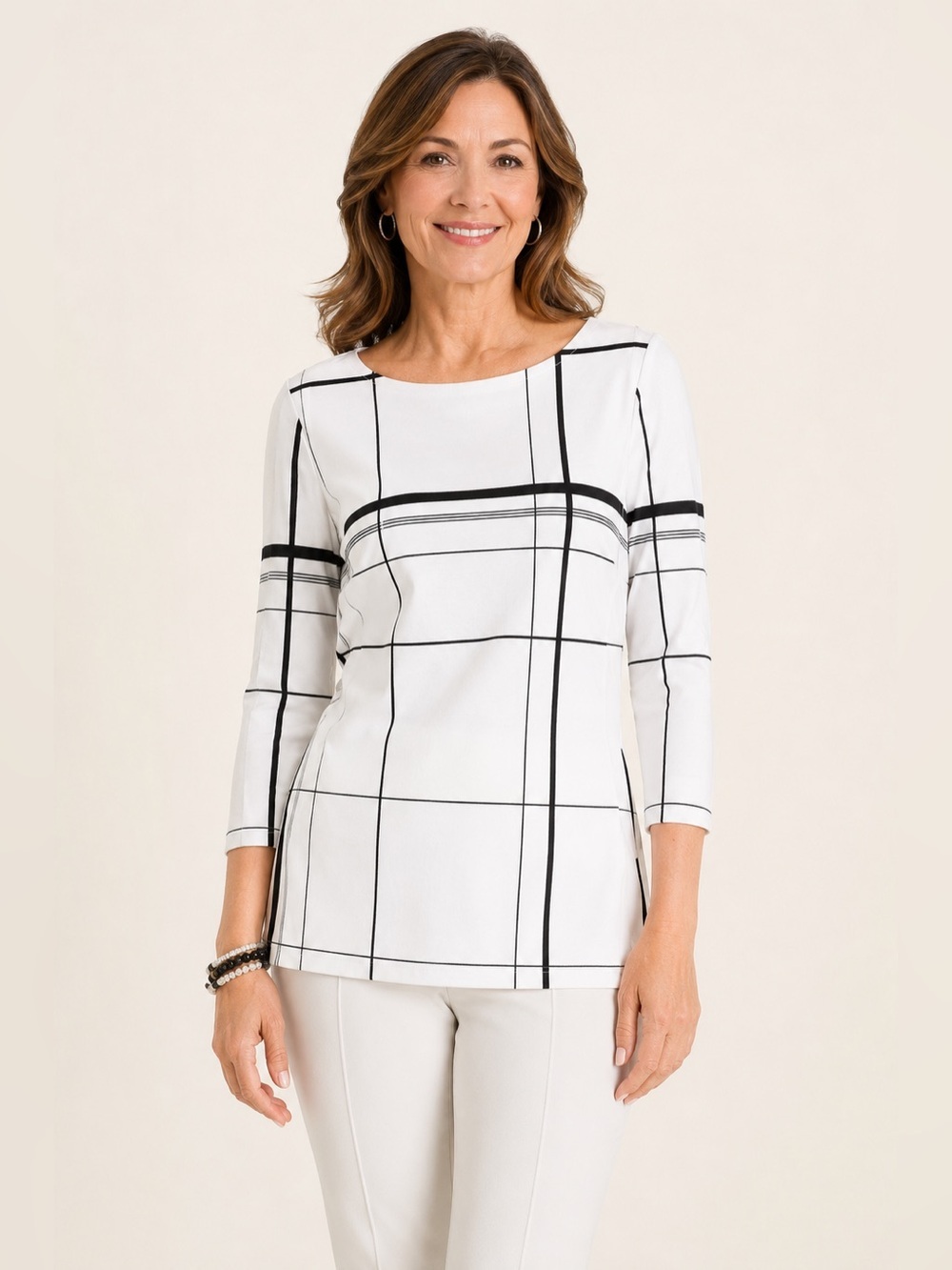 Chico’s Size 0  US Small Black White Windowpane Top 3/4 Sleeve Chic Minimalist